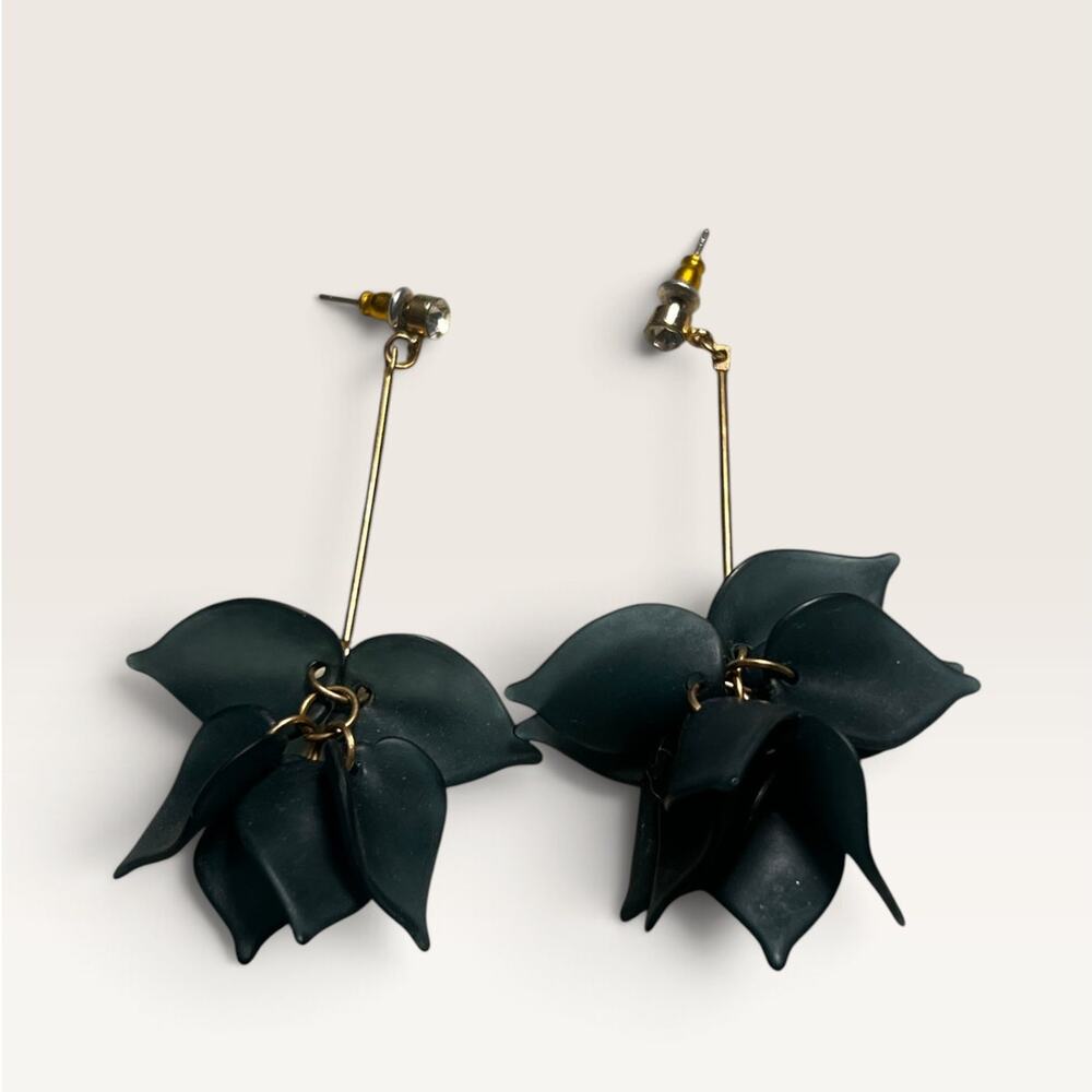Dark Teal Green Matte Floral Petal Drop Earrings – Rhinestone Stud Earrings